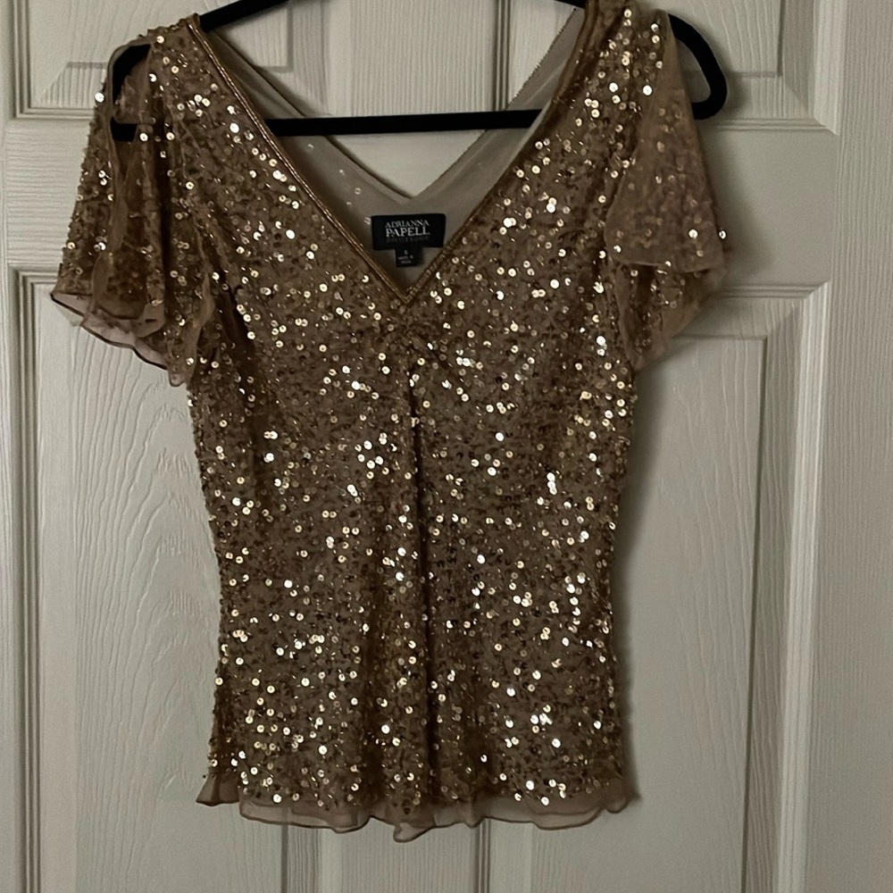 Gold sequin top with bugle beads split butterfly split sleeves length 18 inches